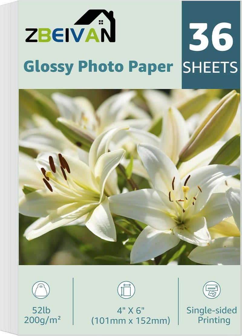 ZBEIVAN 4x6 Photo Paper, Glossy Photo Papers 36 Sheets, 4 x 6 Inkjet Printer Photo Paper for Dye Ink, 200 GSM - Image 1